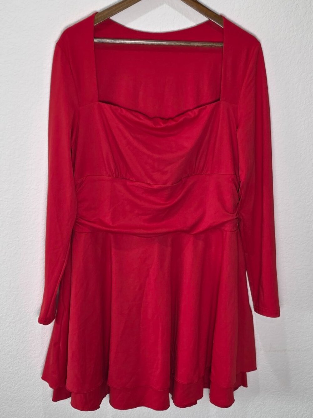 OYS Red Square Neck Ruffle Hem Mini Dress Long Sleeve NWOT Size XL
